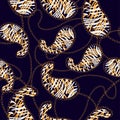 Abstract zebra texture with golden chains on a dark blue background Royalty Free Stock Photo